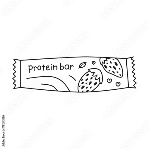 Cute hand drawn outline protein bar with strawberries and vegan sign green leaf isolated on white background. Protein snack in packet. Hand written text.