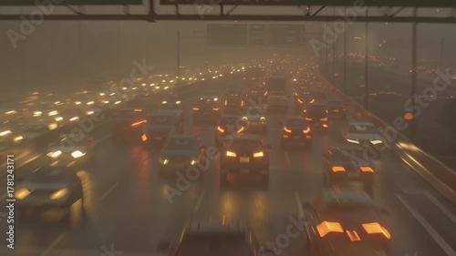 Cinematic drone shot of highway traffic moving through thick fog at night, headlights glowing in smog, atmospheric urban scene, AI generated
