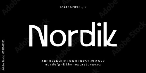 Nordik font. Blueprint font. Architectural typeface. Technical drawing alphabet with geometric construction guides, capital and lowercase letters, numbers, and symbols. Graphic vector illustration