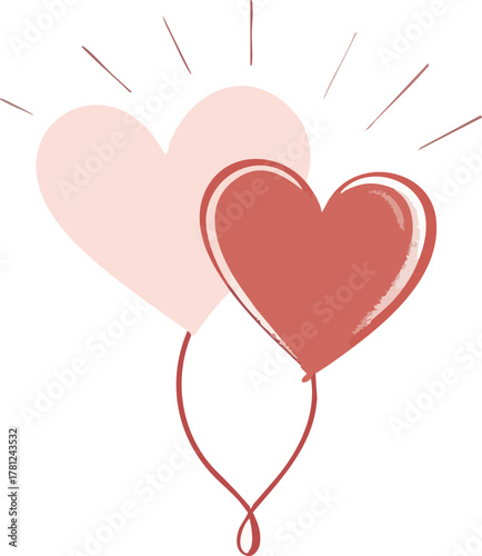 Heart-shaped balloons with intertwined strings and radiant accents in playful vector style for love and celebration themes