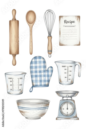 Watercolor Baking Utensils Illustration on White Background