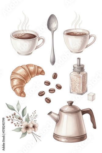 Watercolor Breakfast Still Life: Coffee, Croissant, Kettle