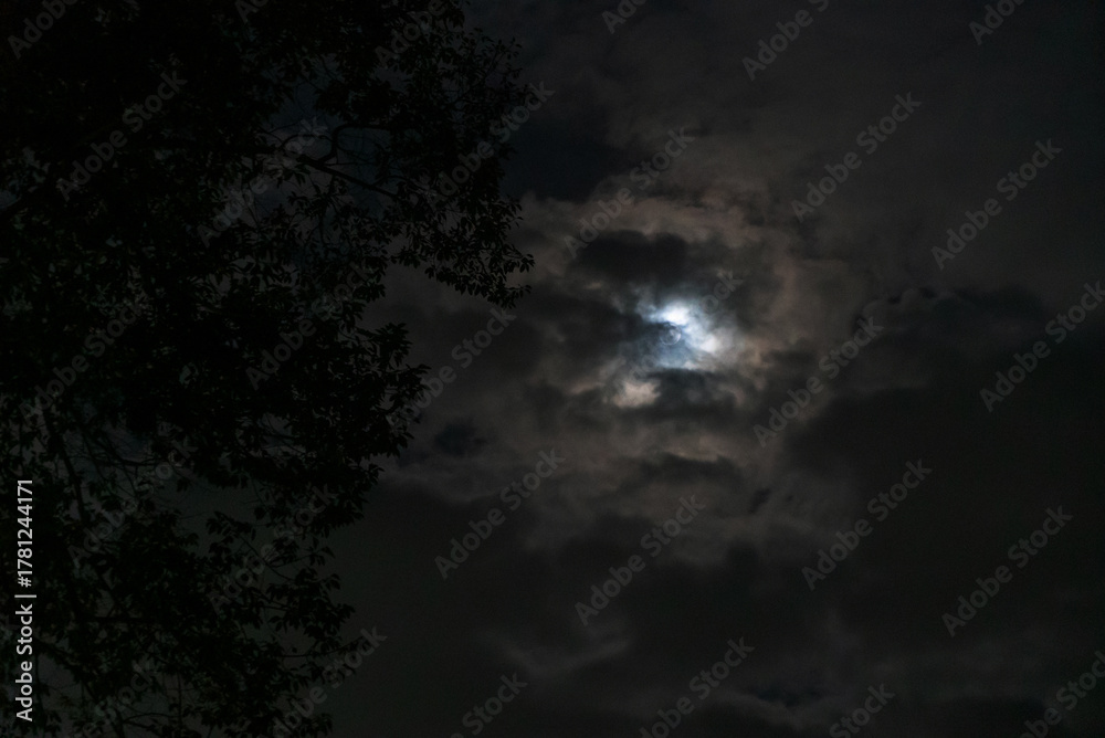 Naklejka premium Mysterious Night Sky with Moon and Clouds