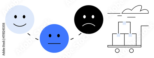 Emotion faces transitioning from happy to sad connected with dashed lines to a cart with boxes under a cloud. Ideal for customer feedback, delivery service, workflow analysis, user experience