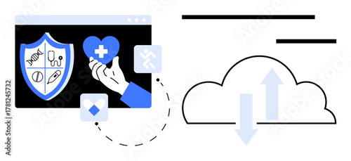 Shield with medical symbols, heart in hand, and cloud with data arrows emphasize healthcare technology, online service, data sharing, and protection. Ideal for telemedicine, security, technology