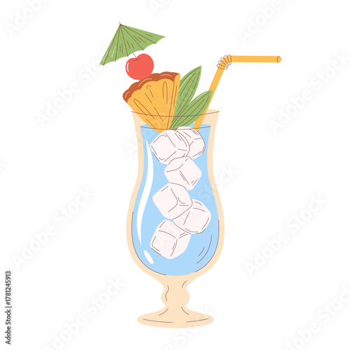 Blue Hawaii cocktail vector illustration. Tropical blue drink with ice, pineapple, cherry, paper umbrella in a tall hurricane glass. Playful modern hand drawn flat style.