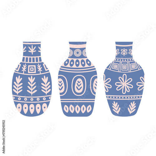 Hand drawn set of modern stylized ceramic vases or pots with ethnic folk ornaments in blue and pale pink colors. Minimalist flat vector illustration, for bohemian or scandinavian design projects