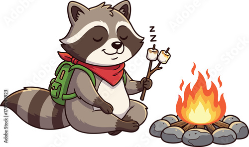 Camping raccoon mascot, cartoon animal character, roasting marshmallows, cozy outdoor illustration, sleeping wildlife design, campfire scene, playful vector art