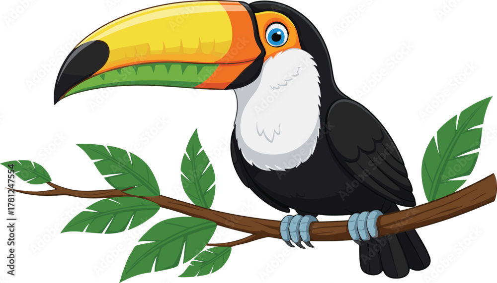 Fototapeta premium Cartoon toucan perched on tree branch with colorful beak, vibrant tropical bird character, children’s wildlife design, cad drawing flat vector illustration