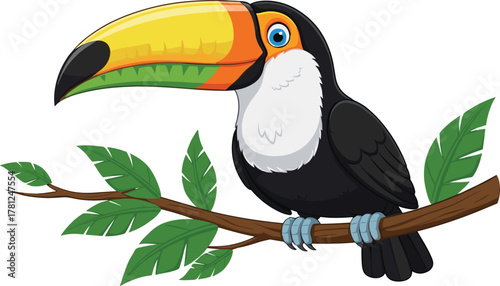 Cartoon toucan perched on tree branch with colorful beak, vibrant tropical bird character, children’s wildlife design, cad drawing flat vector illustration