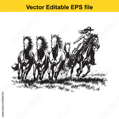 Cowgirl riding a horse with a herd of horses running in a sketch style, vector editable eps file