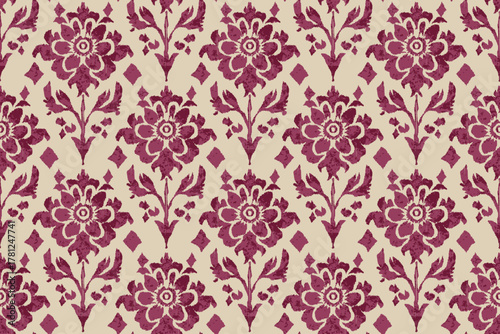 Ethnic ikat floral embroidery seamless pattern with vintage damask ornament, abstract boho folk art fabric texture design for clothing, decorative ornamental textile wallpaper background illustration.