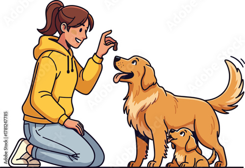 Dog training illustration, person with pets, obedience scene artwork, puppy and adult dog character, bonding moment design, playful vector art concept