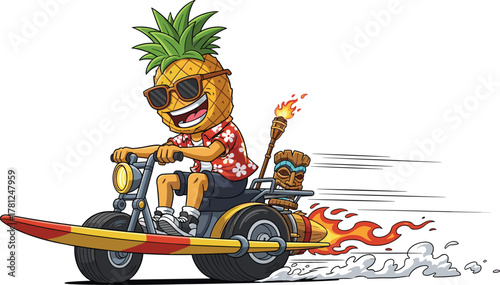 Pineapple head character, tropical mascot, riding surfboard tricycle, tiki statue companion, summer beach vibes, cartoon illustration, playful vector art