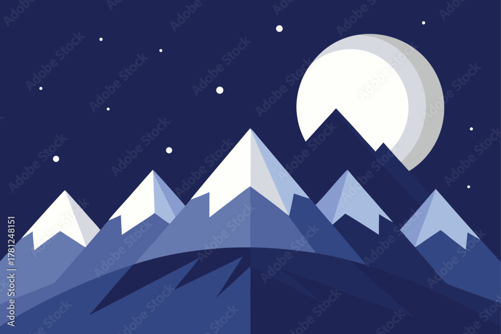 Fototapeta premium Mountain Peaks Vector Illustration Night Sky Full Moon Landscape Snow Capped Tranquil Scene Outdoor Nature Scenery