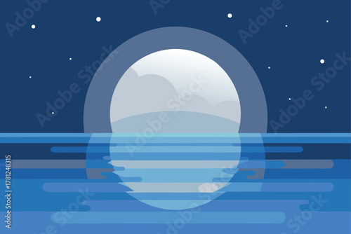 Serene Night Illustration Moon Reflection Water Seascape Calm Ocean Dark Scene Starry Sky Nature Background Vector Art Graphic