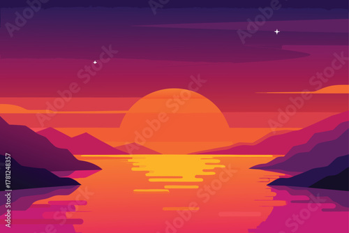 Vector Lake Sunset Landscape Graphic Wallpaper Scenery Illustration Nature Seascape Panorama Outdoors Silhouette Backgrounds