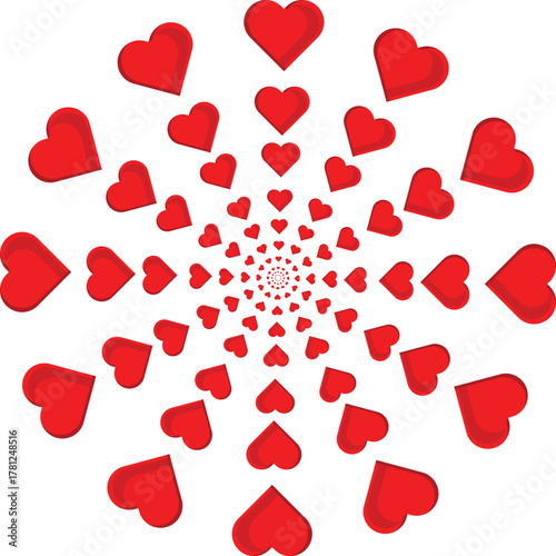Heart Circle mandala: A mesmerizing arrangement of red hearts radiates outwards from a central point, symbolizing love, passion, and connection.
