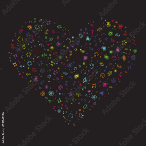 Heart of Joy: A vibrant composition of colorful elements intricately arranged in the shape of a heart, celebrating love and affection against a rich black backdrop.