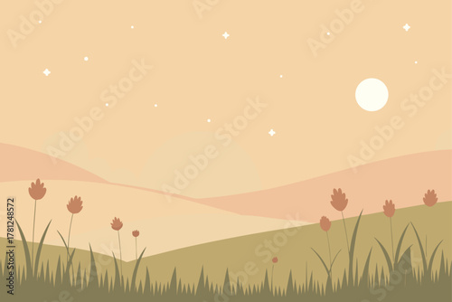 Dreamy Evening Landscape with Starry Sky Peaceful Nature Scene with Soft Colors and Minimalist Design for Backgrounds and Web Designs