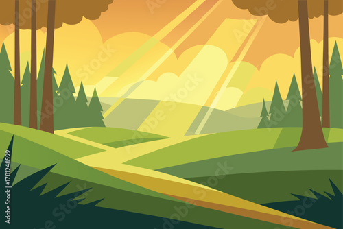 Sunny Glade with Sun Rays in Forest Clearing Green Landscape with Trees and Pathway Serene Nature Scene for Outdoor Backgrounds