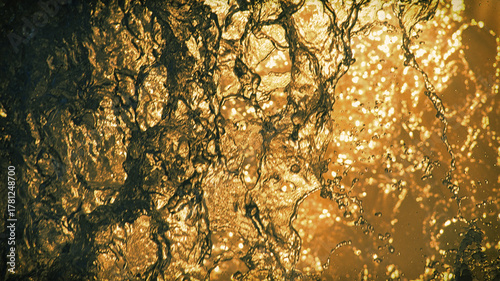 A blurred natural background of drops and streams of falling water at sunset.