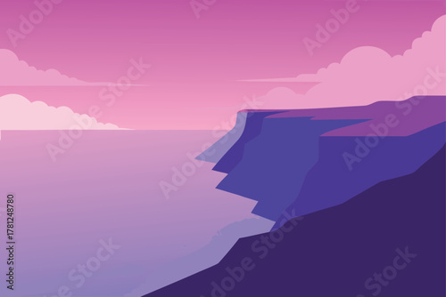 Coastal Cliffside Landscape View Vector Illustration Nature Scenic Ocean Shoreline Seaside Environment Calm Tranquil Scenery Pink Purple Sky