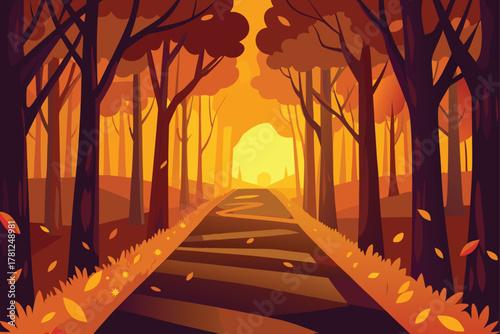 Fall Path Illustration Autumn Season Road Through Woods Vector Forest Trail Landscape Scene Nature Scenery Outdoor Background Graphic Design