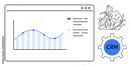 Analytics dashboard with line graph, data list, gear labeled CRM, and flowers. Ideal for CRM systems, growth tracking, analytics, business planning, software interface data analysis simple flat