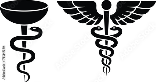 Medical and healthcare symbols set: asclepius rod and caduceus