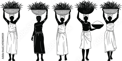 African women carrying large baskets of grass and produce on heads, laboring, symbolizing agriculture, hard work, culture, farming, and traditional life, vector illustration