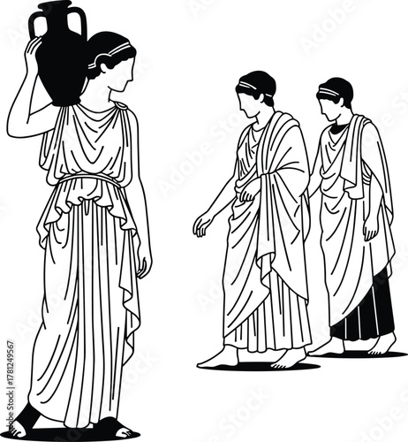 Ancient Greece or Rome figures, woman carrying amphora vase, men in togas, classical antique style, historical art illustration, black and white vector drawing