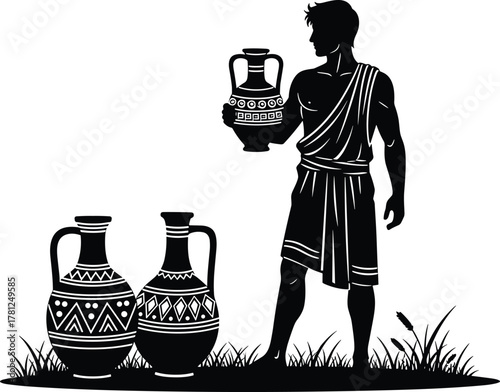Ancient pottery, Greek amphora, classical figure, historical jar, Roman vase, traditional attire, silhouette art, heritage scene, flat vector illustration