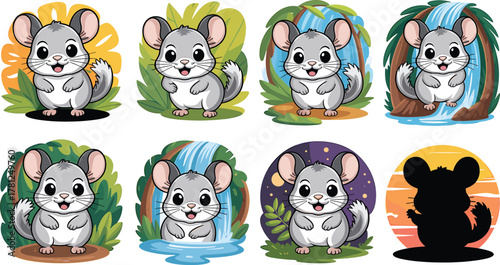 Charming Cartoon Chinchillas in Natural Environments and Night Sky Settings cute illustration