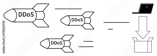 Missiles labeled DDoS moving toward a laptop and a box symbolizing system vulnerability and data targeting. Ideal for cybersecurity, digital threats, data loss, hacking, online safety, IT security