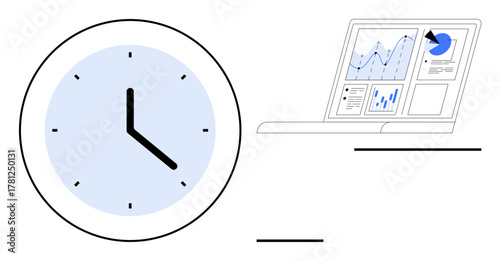 Clock next to a laptop displaying charts and graphs. Ideal for productivity, time tracking, data analysis, efficiency, business planning, workflow management, and digital strategy concepts. Simple