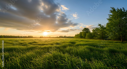 Fototapeta Naklejka Na Ścianę i Meble -  Idyllic meadow landscape with lush green grass under dramatic sky