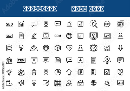 Marketing Line Icon Set: SEO, CRM, Analytics, Strategy, and Digital Business Vectors