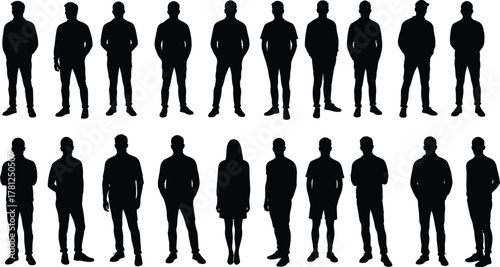 Diverse Group of People Silhouettes Standing Full Body Vector Set, Including Men and One Woman, Isolated on White Background for Design Resources