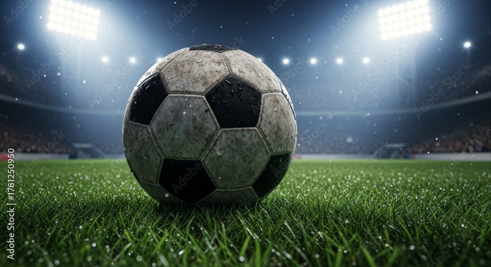 Fototapeta premium Worn soccer ball on a green grass pitch in a brightly lit stadium at night.