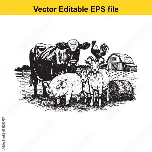 Farm animals including a cow, pig, goat, and chickens gathered in a field with a barn and hay bale in the background, black and white illustration