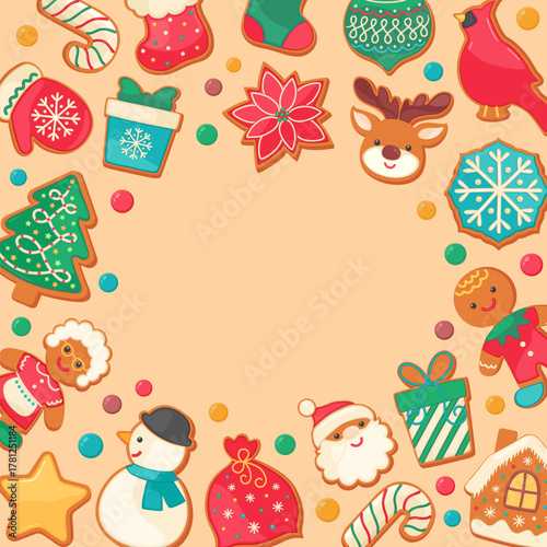 Christmas gingerbread cookies frame. Copy space. Holiday bakery sugar cookie shapes on beige background. Cartoon border sweet food vector illustration. Cute design for card, packaging, poster, flyer.