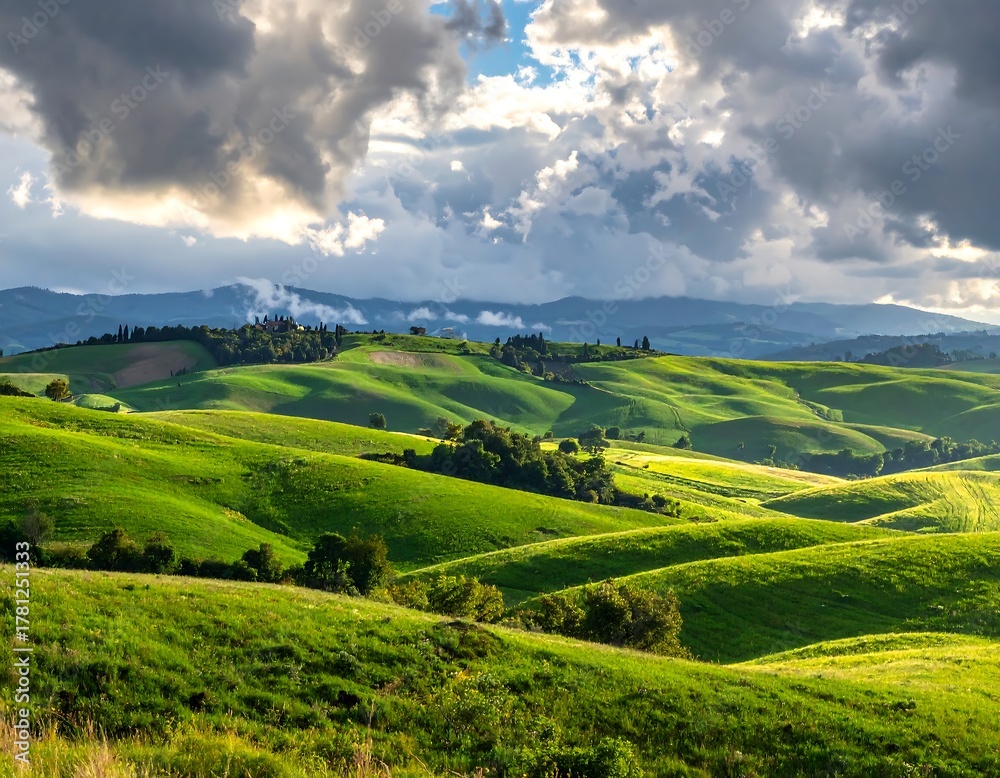Obraz premium Rolling green hills bask in sunlight beneath dramatic, cloud-filled sky. Shadows and light create a dynamic, picturesque landscape