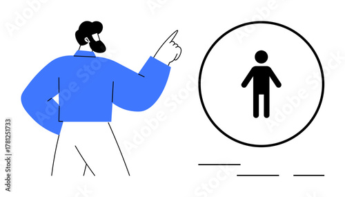 Person pointing at user figure icon in a circle symbolizing focus on team roles, identities, guidance, networking, career growth, personalization, modern digital interaction. Simple flat metaphor