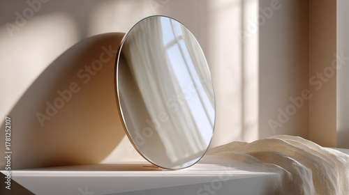 Elegant round mirror reflecting soft light