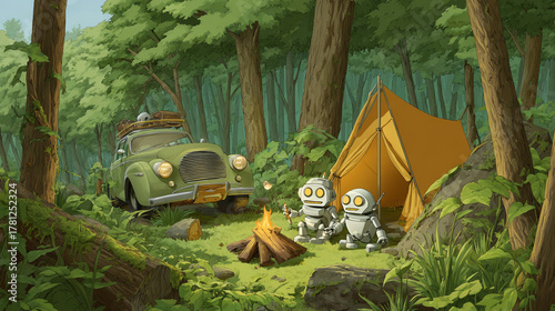 Robots camping in a forest