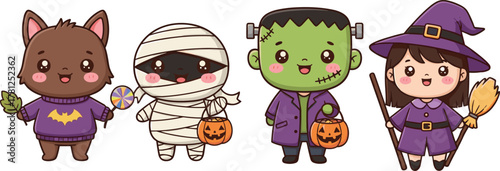 Set of adorable Halloween cartoon characters, cute werewolf, mummy, Frankenstein, and witch illustration, happy kids trick or treating vector graphic isolated
