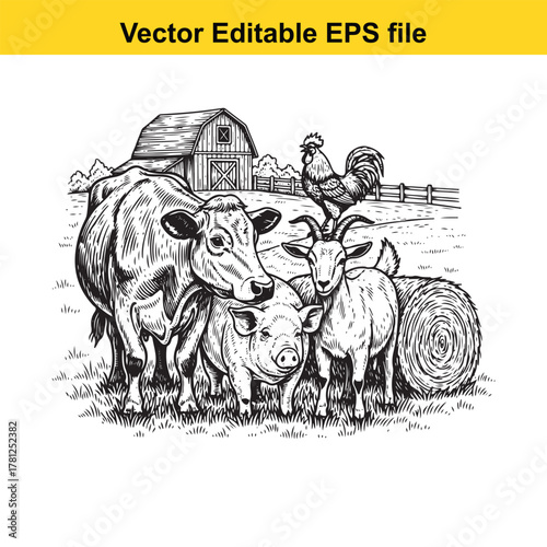 Farm animals including a cow, pig, goat, and rooster standing in a grassy field with a barn and hay bale in the background, black and white illustration