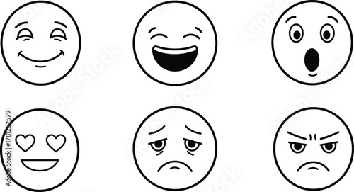 Set of six emotions face icons, vector black and white line art emoticons including happy, laugh, surprise, love, sad, and angry expressions isolated