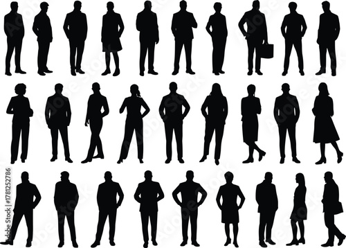 Silhouettes of business professionals in corporate attire, standing, walking, holding briefcases, teamwork, leadership, office, workplace, diversity
